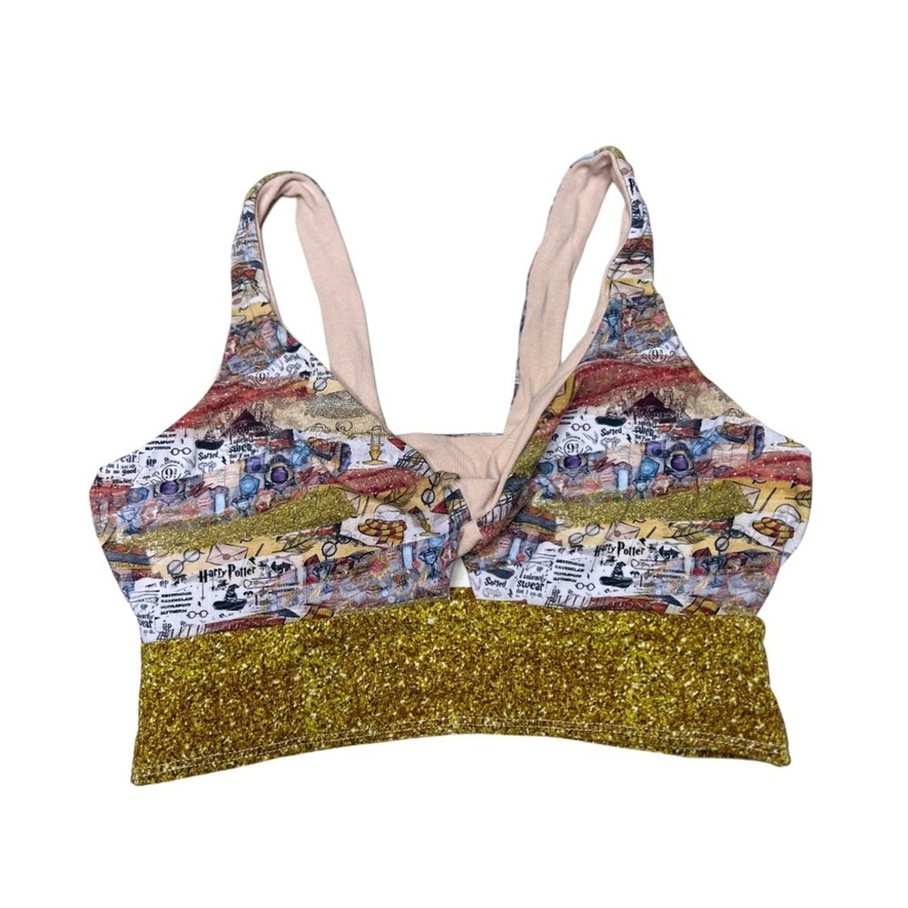 Handmade Harry Potter Twist Bra |Gold Glitter Yoga Top |Cotton Loungewear- Small